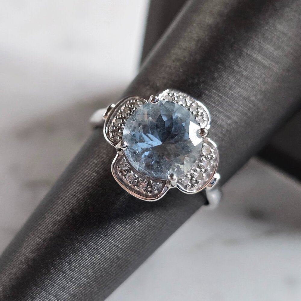 Womens Vintage Estate 14K White Gold Aqua Diamond Ring 3.7g #E5419